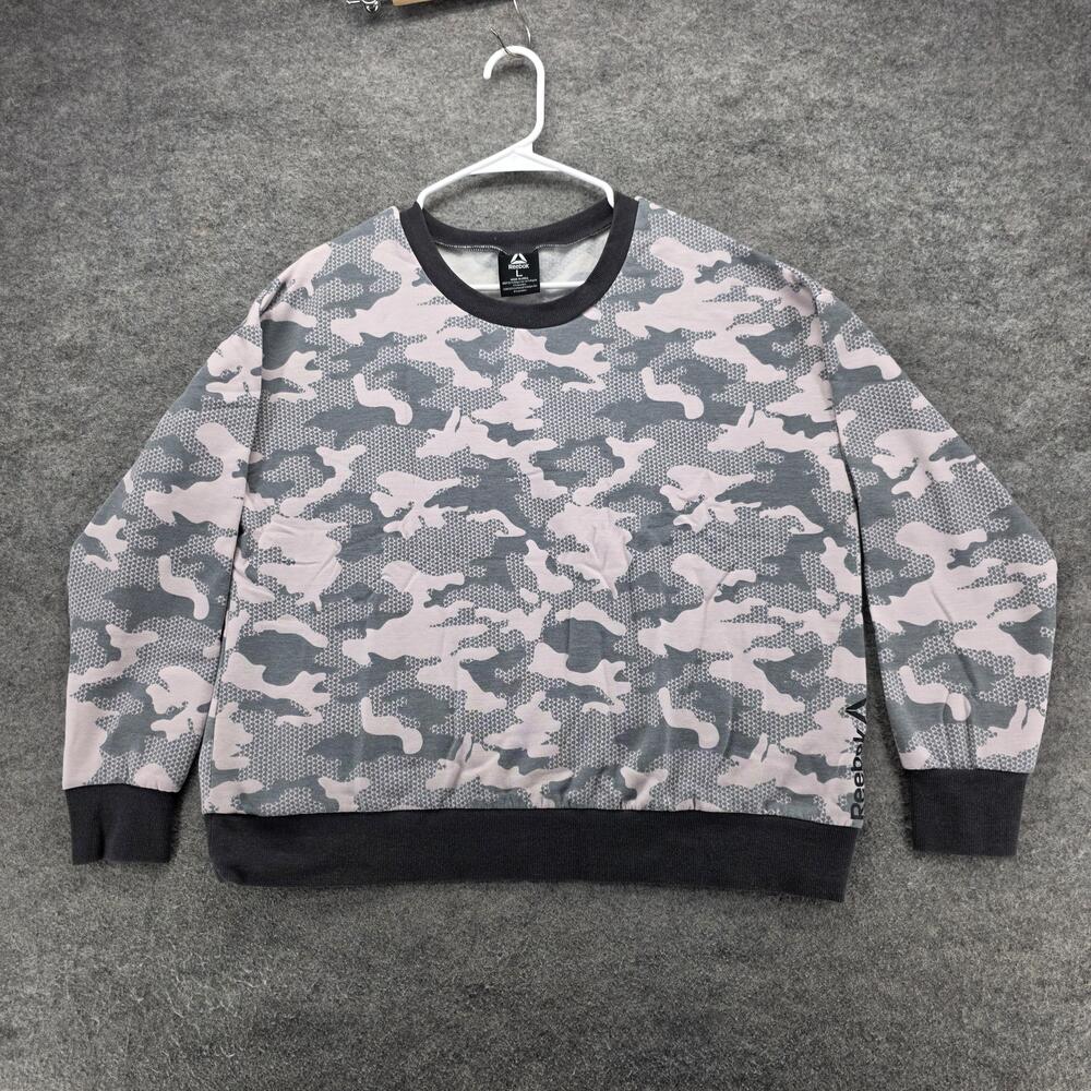 Reebok Sweater Mens Large Gray Camo Pullover Crewneck Athletic Training Logo